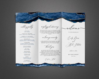 Blue and Gold Wedding Program Template, Trifold Wedding Program Template, Ceremony Program, Printable Program, Blue Agate, Instant Download