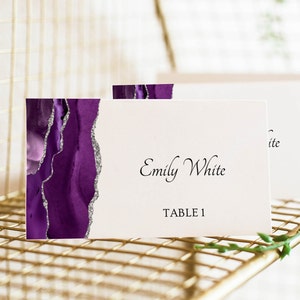 Purple Wedding Place Card Template, Name Card Printable, Escort Card Template, Seating Card, Place Card Agate, Editable Place Card, Download