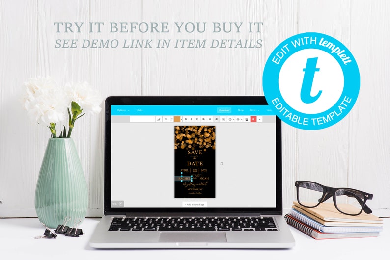 Save the Date Electronic Shimmery Editable online with Templett app Save the Date Black and Gold Save the Date Invite Gold Bokeh