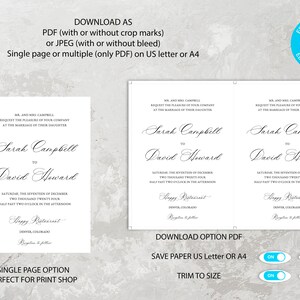 May include: A printable wedding invitation template with a white background and black text. The text reads "Sarah Campbell to David Howard" and includes the date and time of the wedding. The template is available in PDF format and can be downloaded with or without crop marks.