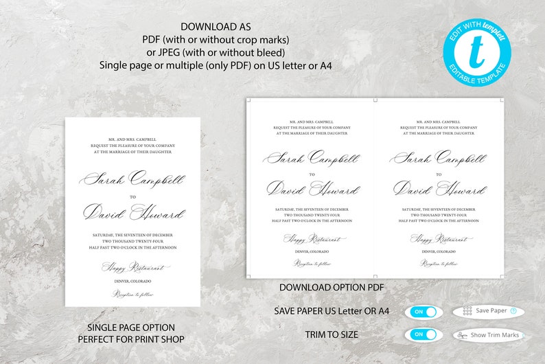 May include: A printable wedding invitation template with a white background and black text. The text reads "Sarah Campbell to David Howard" and includes the date and time of the wedding. The template is available in PDF format and can be downloaded with or without crop marks.