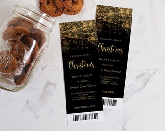 May include: Gold and black Christmas party invitation with a string of lights design. The invitation includes the text "Please join us for a Christmas Dinner Party" and the date, time, and location of the party. The invitation also includes the text "Admit One Guest".
