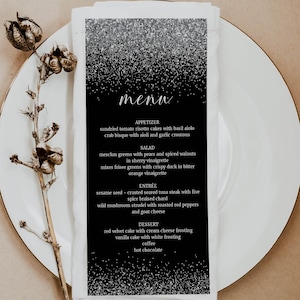 Modelo de cartão de menu preto e prata, cartão de menu de casamento prata brilhante, modelo de menu de casamento, editável, cartão de menu de jantar, menu de aniversário