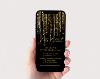 Birthday Invitation Digital, Birthday invitation Phone, Birthday Invitation Electronic, Birthday Invitation Black and Gold, Editable Text