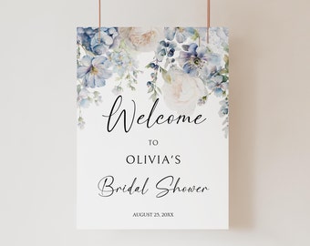 AJ - Bridal Shower Welcome Sign Template, Dusty Blue Bridal Shower Welcome Sign, Blue Floral Bachelorette Welcome Sign, Bridal Brunch Sign