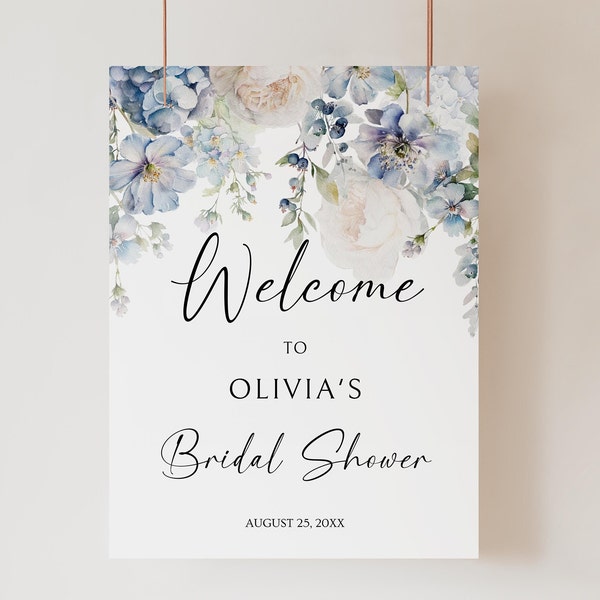 AJ - Bridal Shower Welcome Sign Template, Dusty Blue Bridal Shower Welcome Sign, Blue Floral Bachelorette Welcome Sign, Bridal Brunch Sign