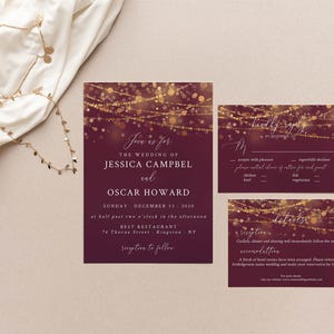 Burgundy and Gold Wedding Invitation Set, Wedding Invite Suite, Gold Bokeh, Gold Light Effects, Shimmery, Editable, Printable, Downloadable
