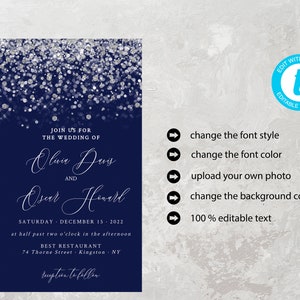 May include: A navy blue wedding invitation with silver glitter. The invitation reads "Join us for the wedding of Olivia Davis and Oscar Howard" with the date and time of the wedding, the location, and the text "Reception to follow".