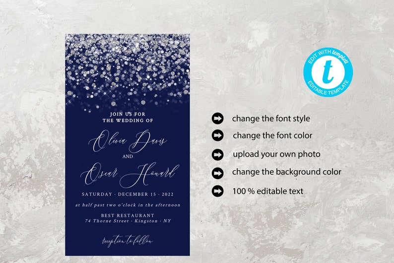 May include: A navy blue wedding invitation with silver glitter. The invitation reads "Join us for the wedding of Olivia Davis and Oscar Howard" with the date and time of the wedding, the location, and the text "Reception to follow".