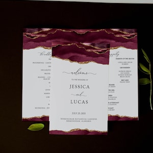 Folded Wedding Program Template, Burgundy and Gold Wedding Program, Bifold Program Template, Booklet Program, Agate, Editable, Downloadable
