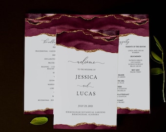 Folded Wedding Program Template, Burgundy and Gold Wedding Program, Bifold Program Template, Booklet Program, Agate, Editable, Downloadable