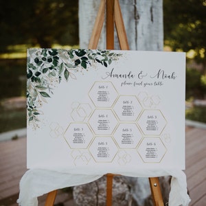 Hexagon Hochzeit Sitzplan, geometrische Sitzplan, große und kleine Sitzplan, botanisch mit Gold, bearbeitbar, Sofortiger Download