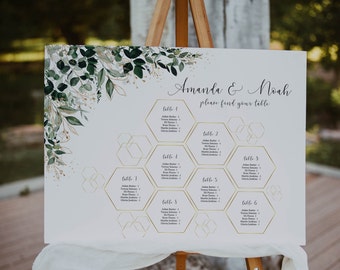 Hexagon Wedding Seating Chart, Geometric Seating Chart, Large and Small Seating Chart, Botanical with Gold, Editable, Instant Download