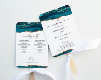 Teal and Gold Fan Programs for Wedding, Fan Program Template, Order of Sevice, Ceremony Program, Agate Wedding, Printable, Downloadable
