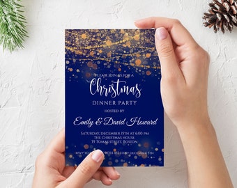 Blue Christmas Invitation Template, Gold Christmas, Template Download, Gold Lights,Gold Fairy Dust,Shimmery,Printable,Editable with Templett