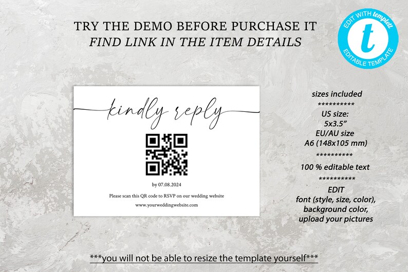 Wedding RSVP Card with QR Code, Editable Template image 4
