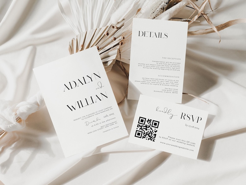 May include: Wedding invitation suite with a modern minimalist design. The invitation features the names "Adalyn & Willian" in a bold, sans-serif font. The RSVP card includes a QR code and the text "Kindly RSVP by 07.08.2024".