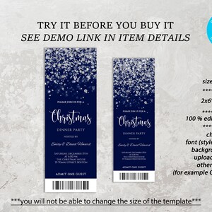 May include: Editable Christmas dinner party invitation template with a blue background and silver glitter. The template is available in two sizes: 2x6 inches and 2.5x7 inches. The text is 100% editable, and you can change the font, size, color, background color, upload a photo, or add other elements like a QR code or barcode.