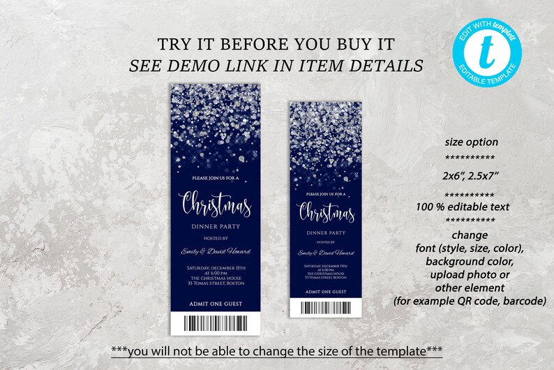 May include: Editable Christmas dinner party invitation template with a blue background and silver glitter. The template is available in two sizes: 2x6 inches and 2.5x7 inches. The text is 100% editable, and you can change the font, size, color, background color, upload a photo, or add other elements like a QR code or barcode.