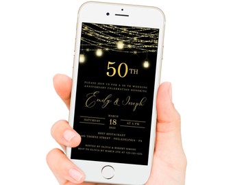 Anniversary Invite Black and Gold, Anniversary Invitation Digital, Gold Lights, Event Invitation, Electronic, Editable, Instant Download