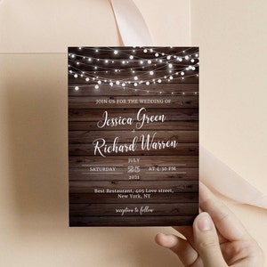 Wood Wedding Invitation Suite Template, Rustic Wedding Invitation, Country Wedding Template, Vintage, String Lights, Printable, Downloadable