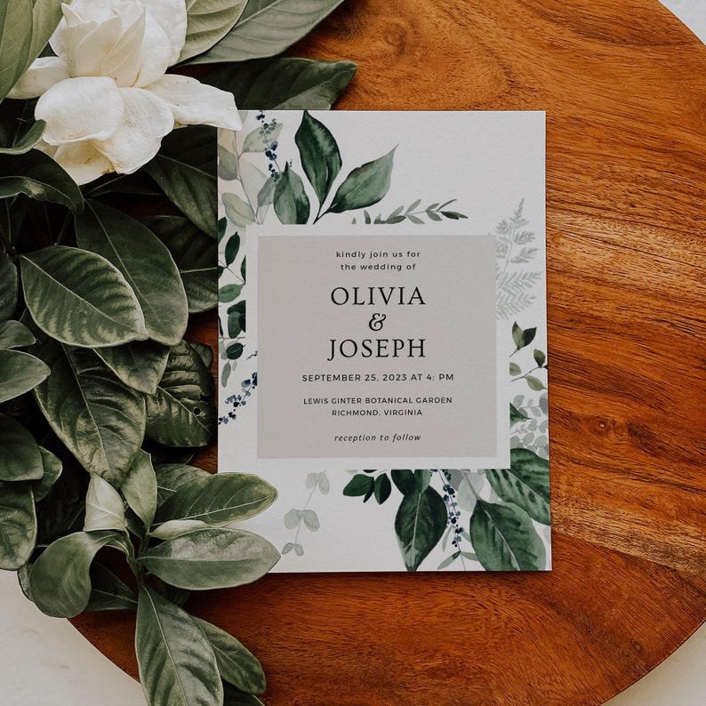 OLIVIA - Invitación de boda con vegetación, conjunto de invitaciones de boda, invitación de boda rústica y botánica, plantilla editable, descarga digital imagen 3