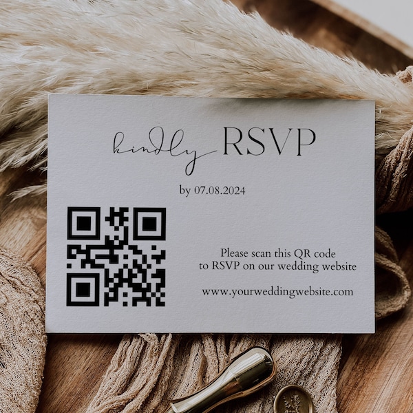 RSVP Online, QR Code Response Card, Modern Wedding Reply Card, Minimalist Wedding RSVP Card, Online Reply Card Template, Editable Text