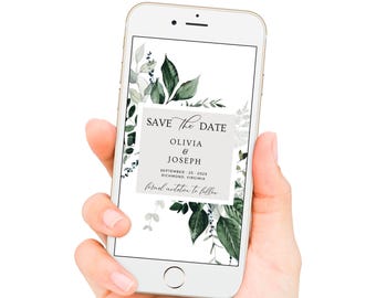 May include: A save the date card with a green and white floral design. The text reads "Save the Date Olivia & Joseph September 25, 2023 Richmond, Virginia Formal invitation to follow."
