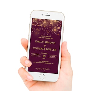 Burgundy Wedding Invitation Gold Bokeh, Electronic Wedding Invitation, Wedding Invite for Phone, Text Message, Editable, Downloadable