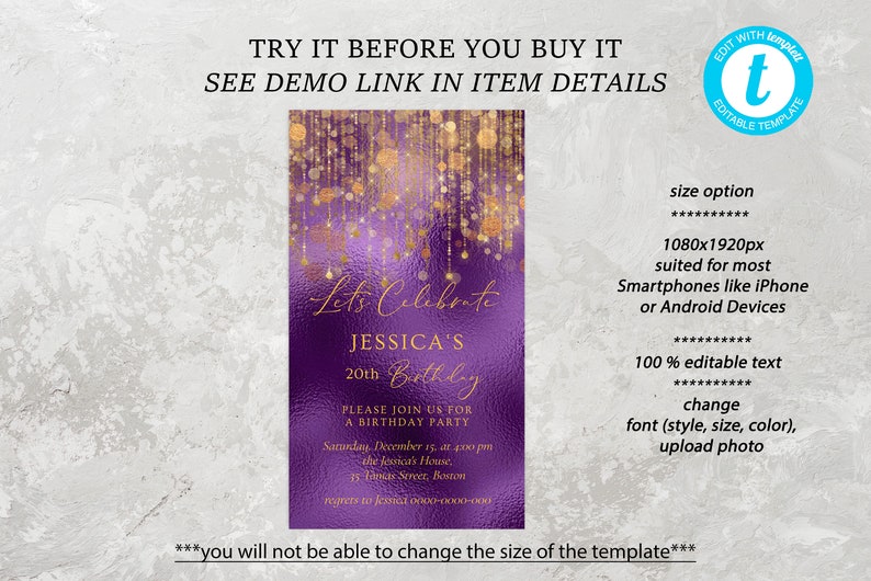 Digital Birthday Invitation Template Birthday Invite Purple Etsy