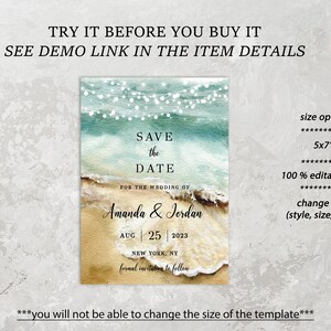 Modello di invito "Save the Date", tema spiaggia, testo modificabile, download digitale stampabile immagine 5