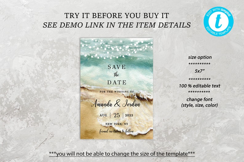 Modello di invito "Save the Date", tema spiaggia, testo modificabile, download digitale stampabile immagine 5