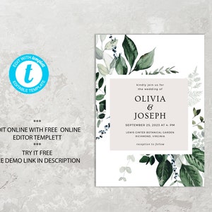 OLIVIA Wedding Invitation Greenery, Wedding Invitation Set Template, Wedding Invitation Foliage, Editable Template, Instant Download image 8