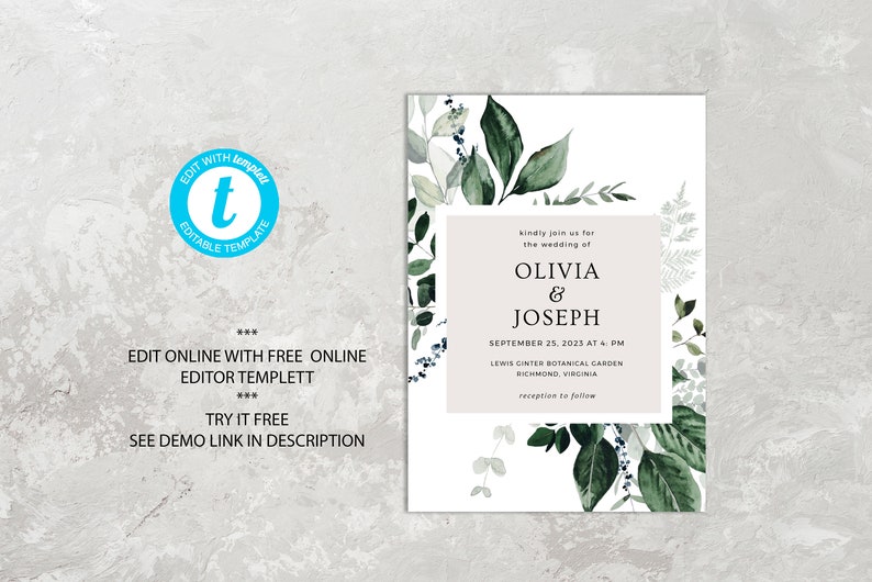 OLIVIA Wedding Invitation Greenery, Wedding Invitation Set Template, Wedding Invitation Foliage, Editable Template, Instant Download image 8