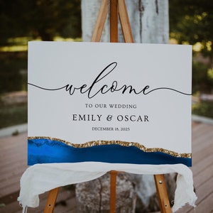 Wedding Welcome Sign Royal Blue and Gold, Welcome Sign Agate, Welcome Poster, Welcome Board, Editable Template, Digital Download