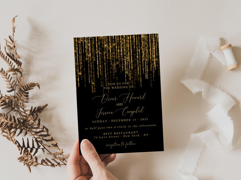 Wedding Invitation Black and Gold, Wedding Invitation Suite, Wedding Invitation Winter, New Year Wedding Invitation, Editable Text image 2