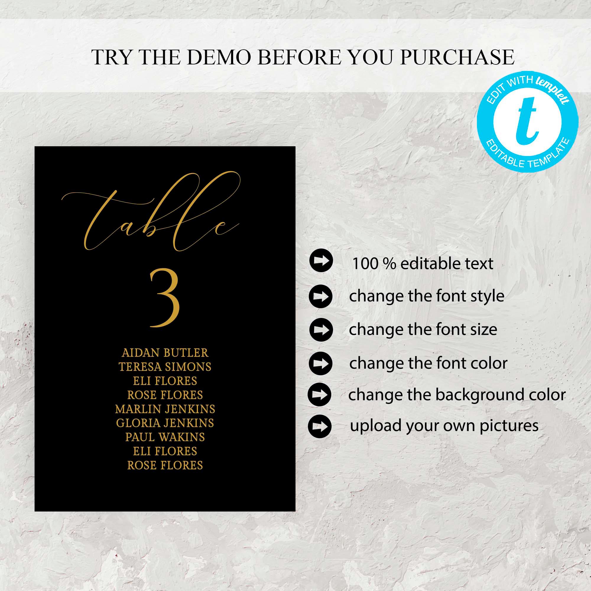 Elegant Black Gold Seating Cards Template: Editable Online (instant ...