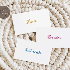 Tarjetas de lugar escritas a mano, tarjetas de lugar de boda caprichosas, tarjetas de lugar coloridas, tarjeta de lugar imprimible, plantilla editable, descarga digital