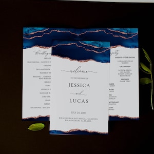 Folded Wedding Program Template, Blue and Rose Gold Wedding Program, Bifold Program Template, Booklet Program, Agate, Editable, Downloadable