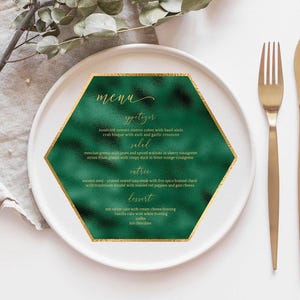 Modèle de carte de menu hexagonal, carte de menu vert émeraude et or, carte de dîner géométrique, texte modifiable, carte de menu de mariage, téléchargement immédiat