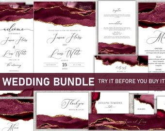 Wedding Invitation Burgundy Bundle, Wedding Invitation Template, Burgundy and Gold, Burgundy Agate, Wedding Bundle Template Download