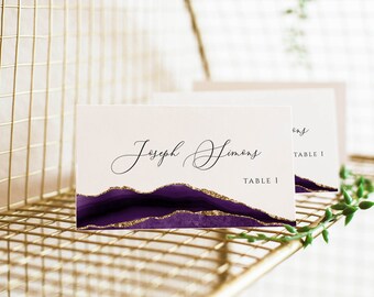 Purple and Gold Place Card Template, Table Place Card, Wedding Name Card, Printable Escort Cards, Folded Place Card, Table Number Name Card