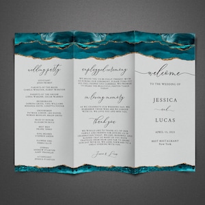 May include: A tri-fold wedding program with a teal and gold agate design. The program includes the wedding party, ceremony details, and a welcome message for Jessica and Lucas. The wedding is scheduled for April 15, 2023 at Best Restaurant in New York.