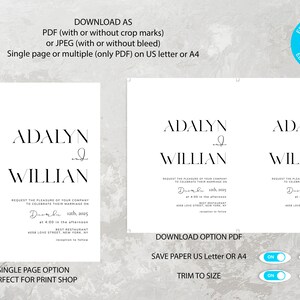 May include: Printable wedding invitation template with the names Adalyn and Willian, the date December 1st, 2015, and the time 4:00 in the afternoon. The template is available in PDF format and can be downloaded with or without crop marks or bleed. The template can be saved as a single page or multiple pages on US letter or A4 paper.
