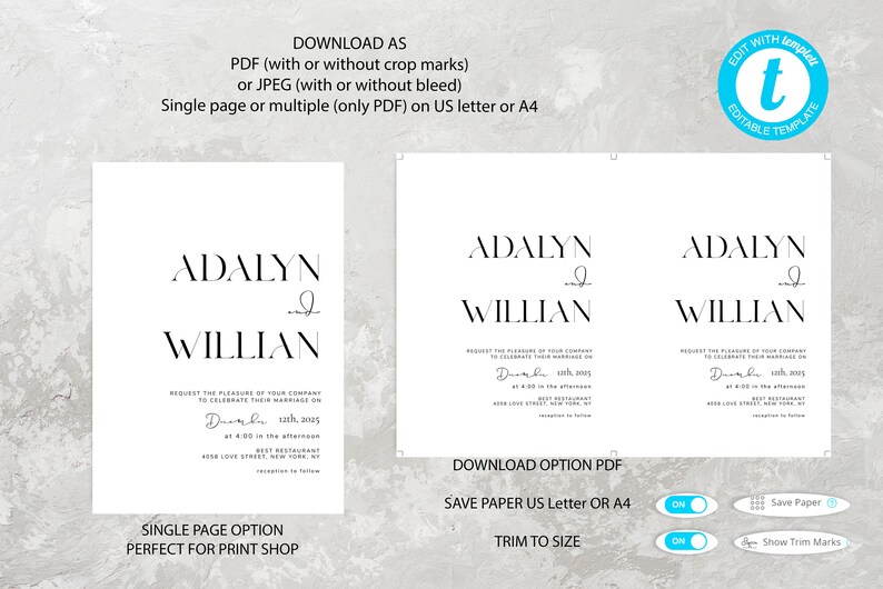 May include: Printable wedding invitation template with the names Adalyn and Willian, the date December 1st, 2015, and the time 4:00 in the afternoon. The template is available in PDF format and can be downloaded with or without crop marks or bleed. The template can be saved as a single page or multiple pages on US letter or A4 paper.