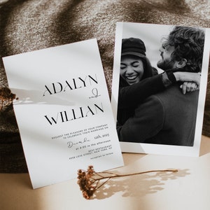May include: A wedding invitation with a minimalist design featuring the names "Adalyn and Willian" in black text. The invitation details the wedding date, time, and location. A black and white photo of a couple embracing is included.