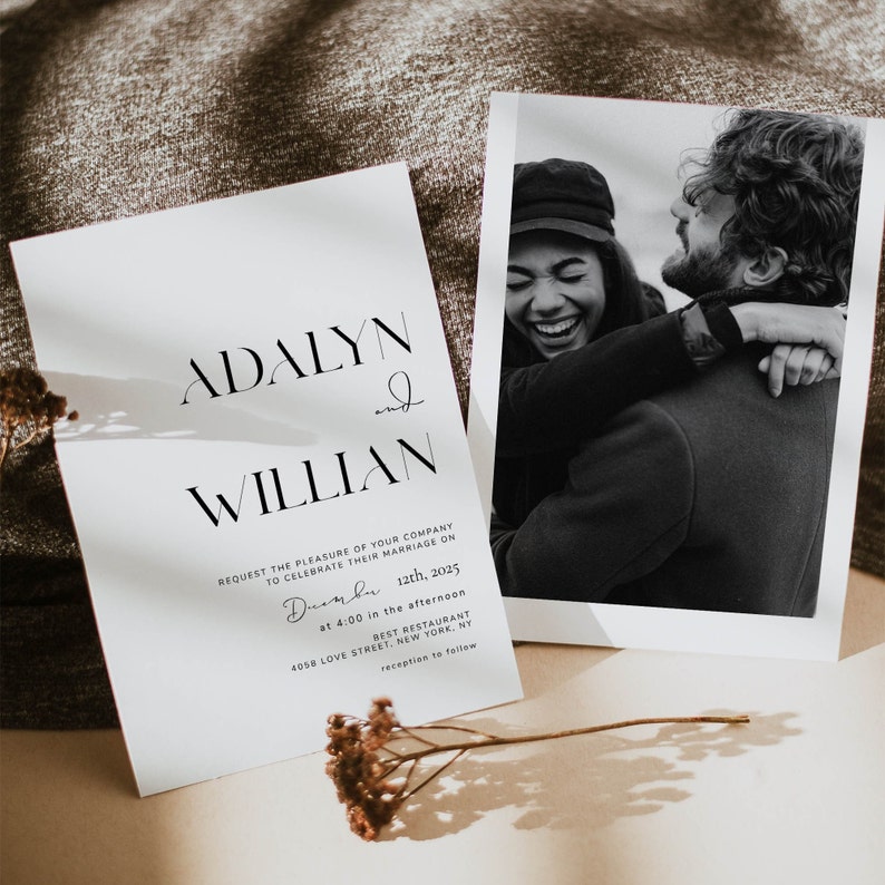 May include: A wedding invitation with a minimalist design featuring the names "Adalyn and Willian" in black text. The invitation details the wedding date, time, and location. A black and white photo of a couple embracing is included.