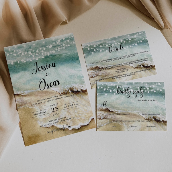 Wedding Invitation Beach Theme, Wedding Invitation Ocean, Wedding Invitation Set, Wedding Invitation Summer, Invitation Template, Editable