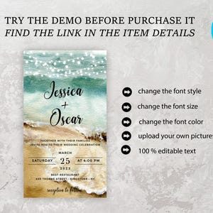 May include: Editable wedding invitation template with a watercolor beach scene, featuring a string of lights, waves, and sand. The text reads "Jessica + Oscar" and includes the date, time, and location of the wedding. The template is customizable with different fonts, colors, and images.