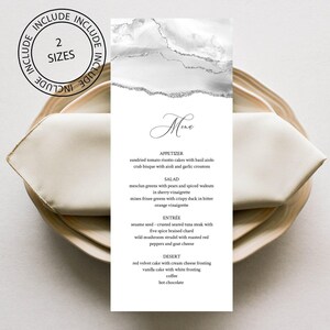 Szablon karty menu weselnego, menu kolacji, menu na wesele, karta menu szara i srebrna, marmurowe menu weselne, edytowalne, natychmiastowe pobranie